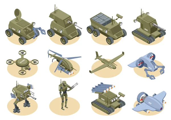 Conjunto de ícones isométricos de robôs militares — Vetor de Stock