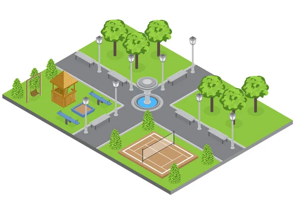 郊区公园与树木草坪和运动场地面等距向量例证 — 图库矢量图片