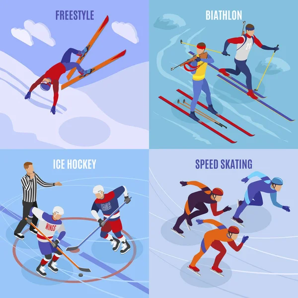 Téli Sport Látványelemkészlet Koncepció Freestyle Gyorskorcsolya Jégkorong Biatlon Négyzet Alakú — Stock Vector