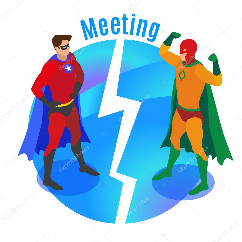 Super Heroes Meeting Isometric Illustration