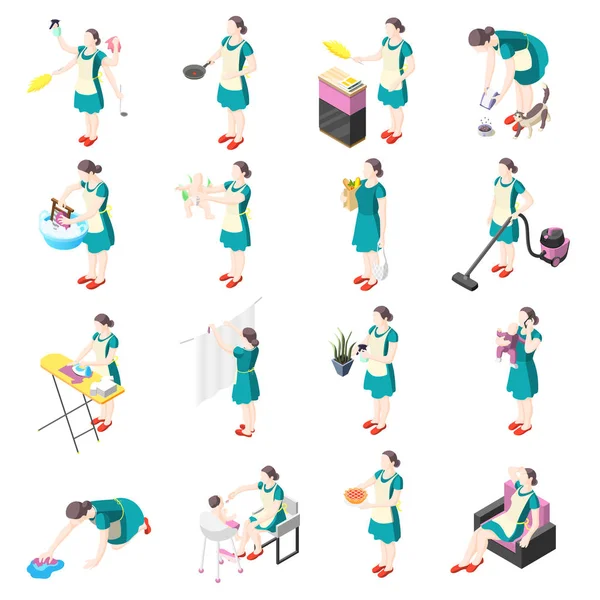 Tortured Housewife Isometric Icons — Stock Vector