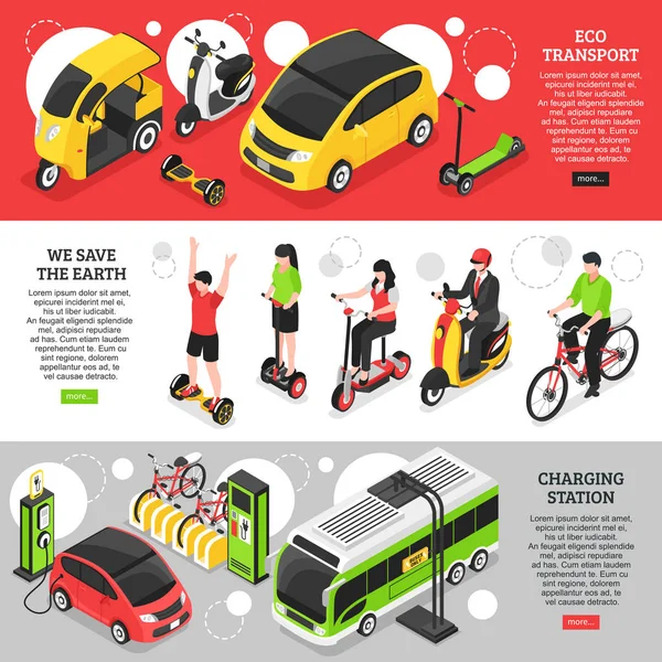 Eco Transporte Banners horizontales isométricos — Vector de stock