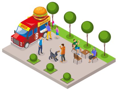 Sokak gıda Burger izometrik kompozisyon