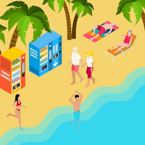 Retraités Vacances à la plage Illustration isométrique — Image vectorielle