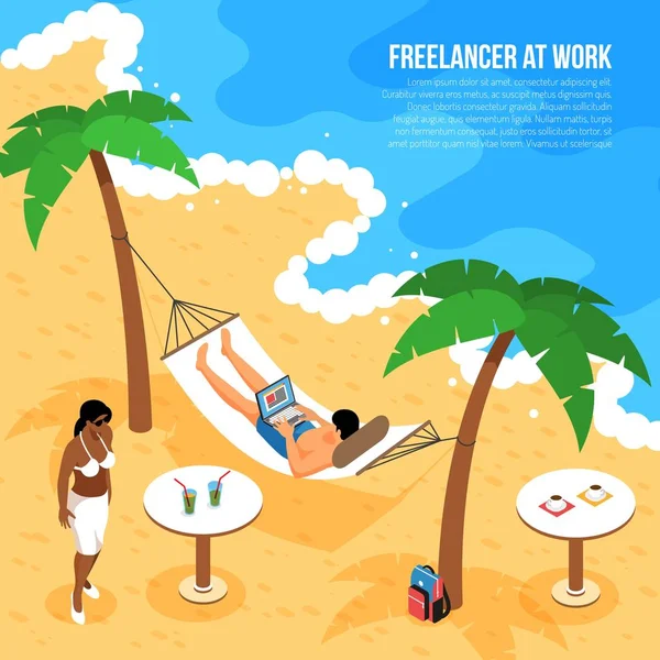 Freelancer Beach Isometric Composition — Stock Vector