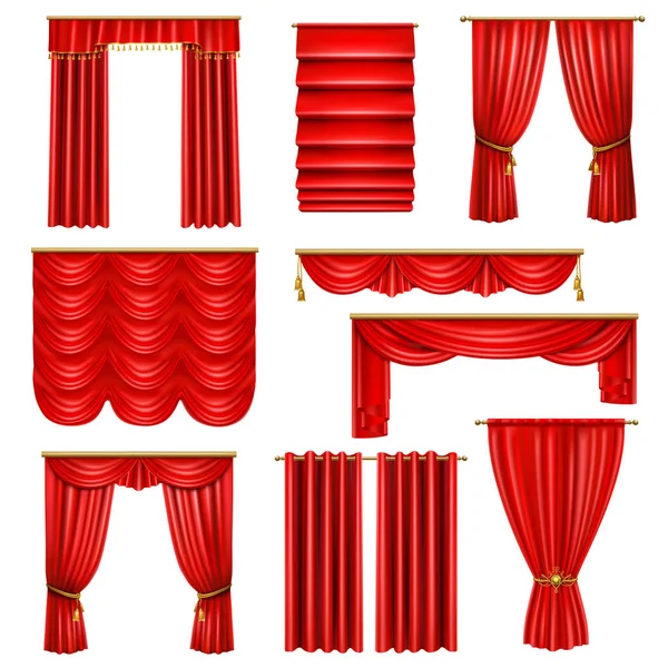 Cortinas rojas de lujo realista conjunto — Vector de stock
