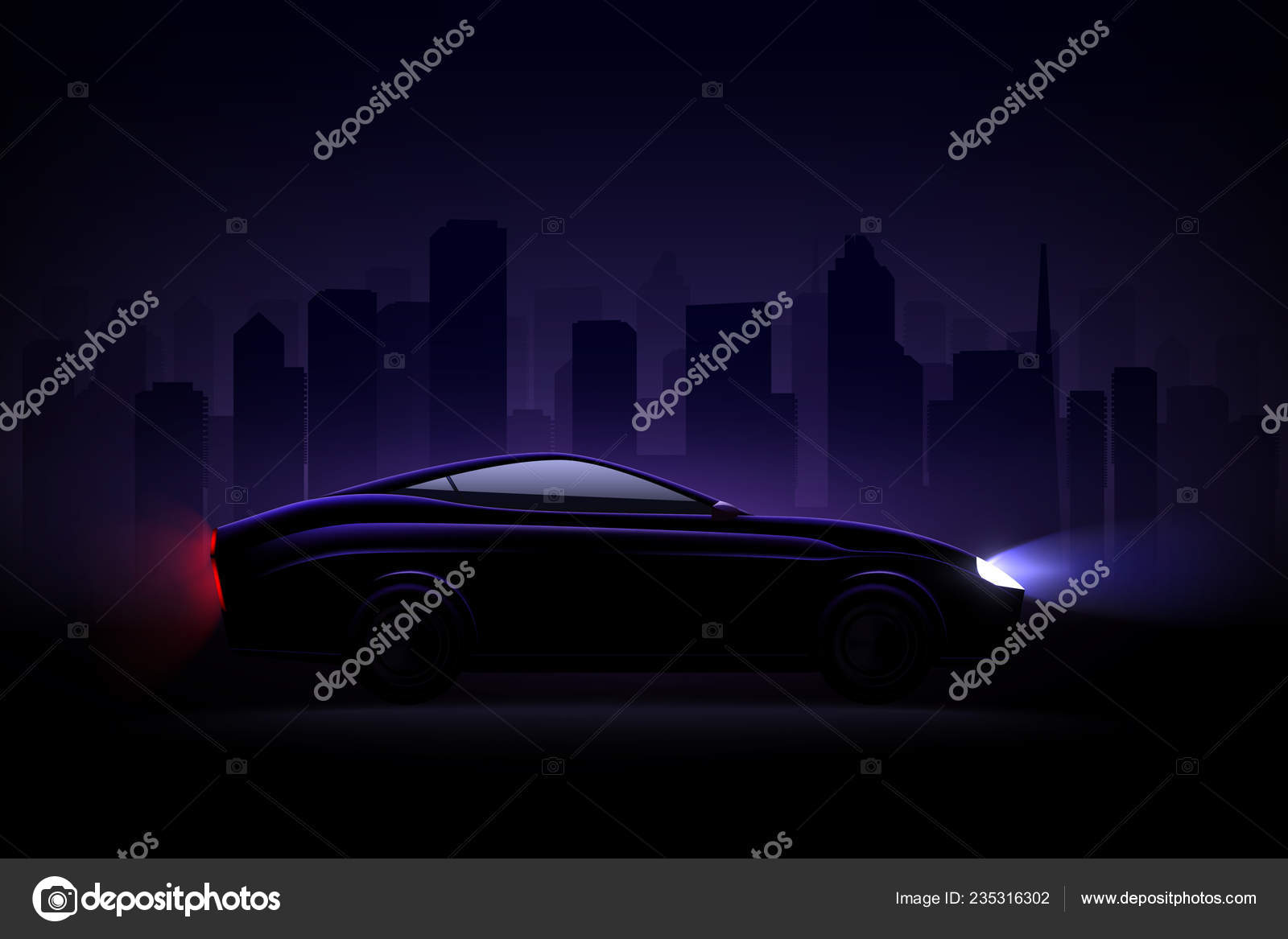 Composición realista de luces led de coche con silueta oscura de automóvil  con faros atenuados y sombras ilustración