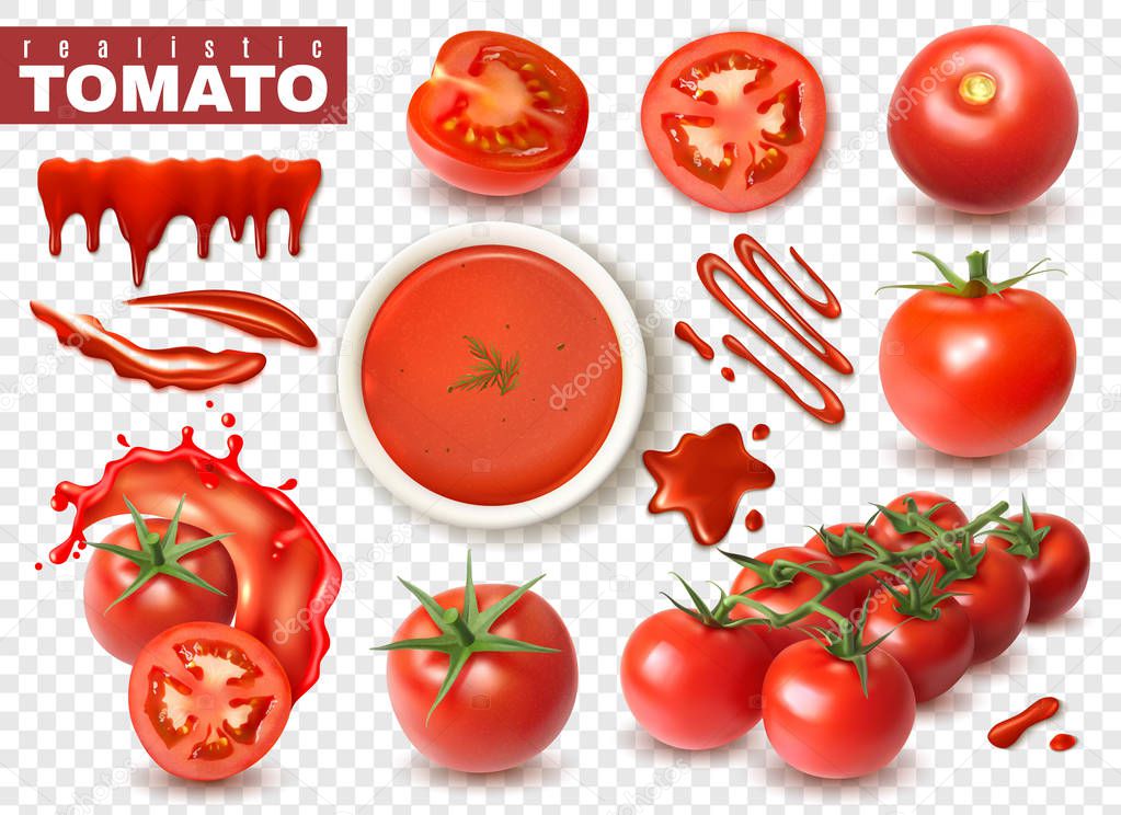 Realistic tomato on transparent background set with isolated images of whole fruits slices splashes of juice vector illustration