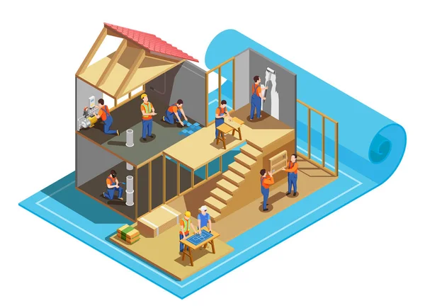 Construction Workers Isometric Composition — Stock Vector