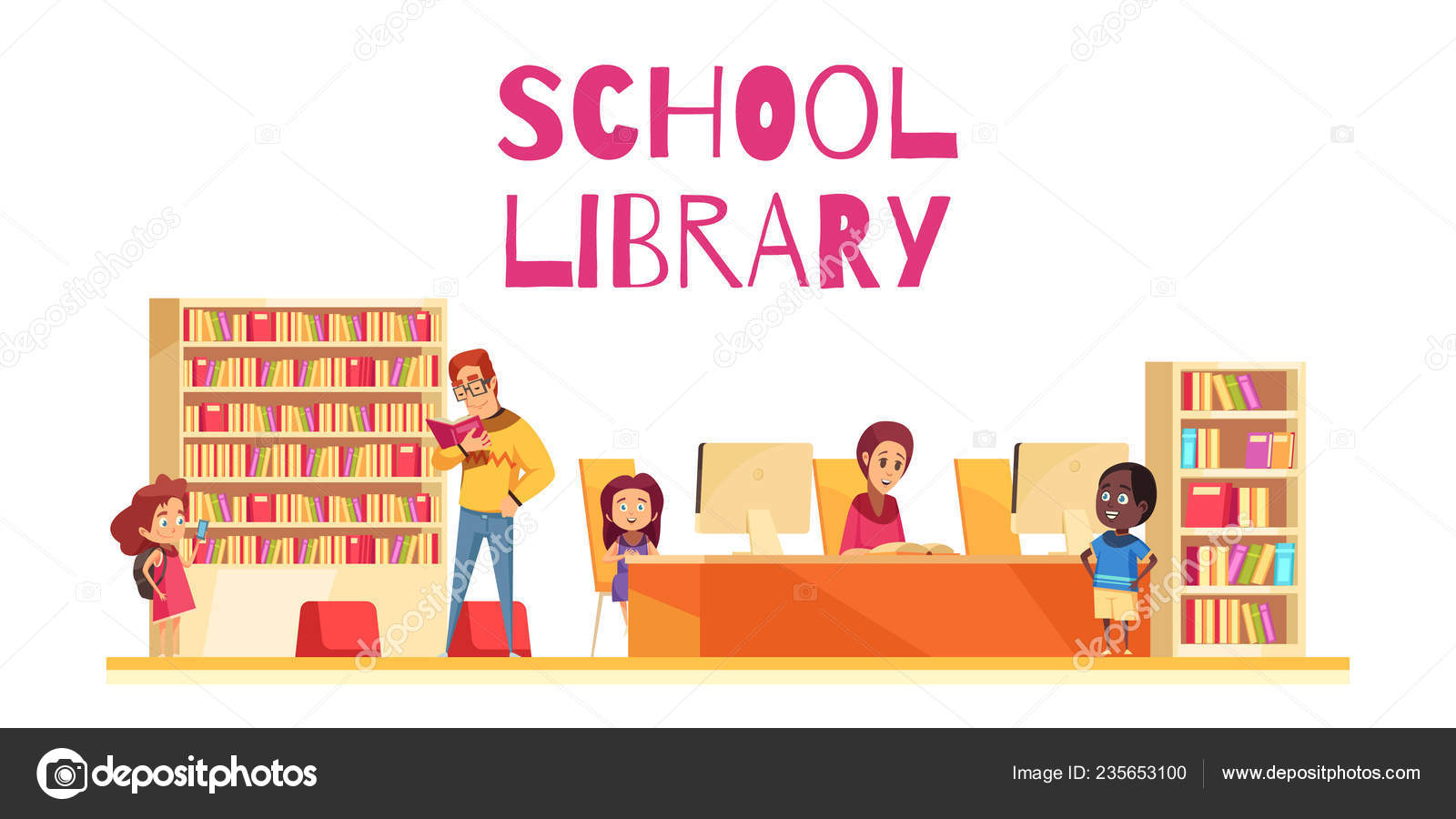 School Library Cartoon Illustration Stock Vector Image by ©macrovector  #235653100