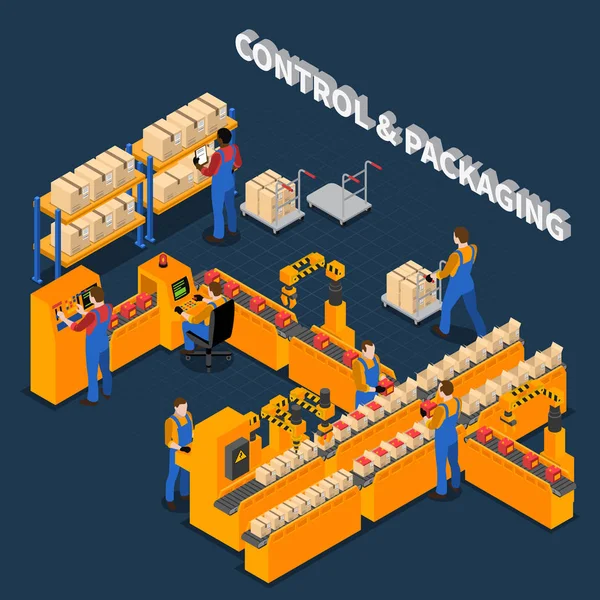 Packaging Factory Isometric Composition — Stock Vector