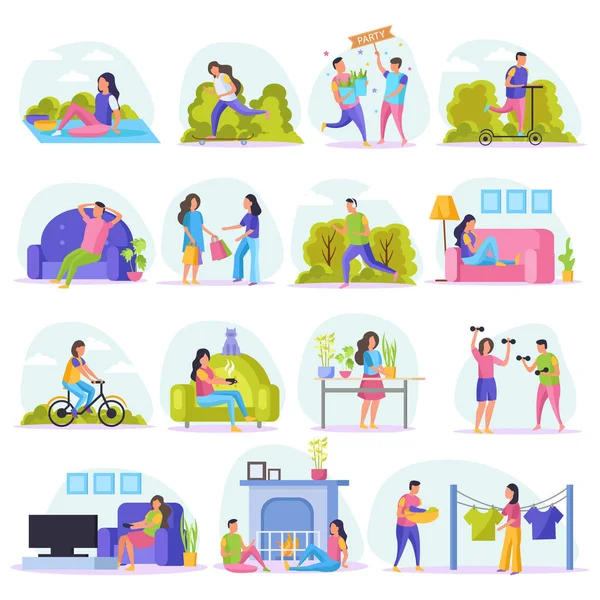 Perezoso fines de semana personas plana icono conjunto — Vector de stock