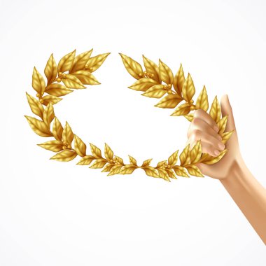İnsan elinde altın defne çelengi 