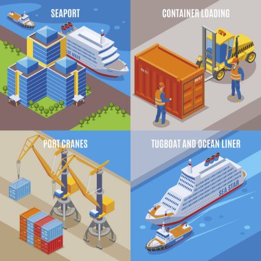 Dört Seaport izometrik Icon Set