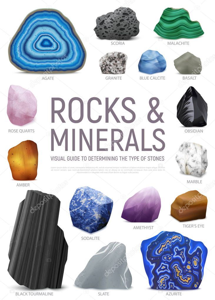 Realistic Stone Mineral Visual Guide Icon Set
