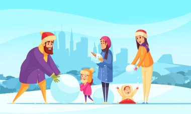Aile kış aktif tatiller illüstrasyon 