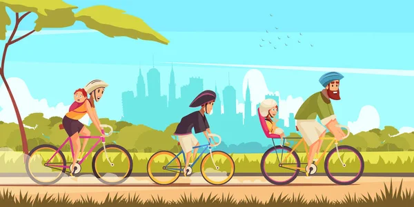 Familia paseo en bicicleta ilustración de dibujos animados — Vector de stock