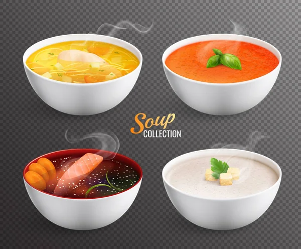 Four Bowls With Hot Soup On Transparent — Stock Illustration Four Bowls With Hot Soup On Transparent Stock Vector
