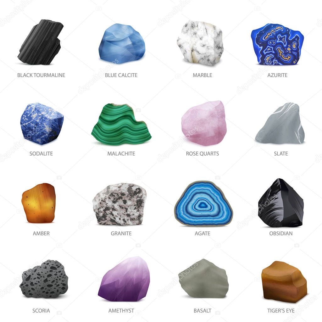 Realistic Stone Mineral Icon Set 