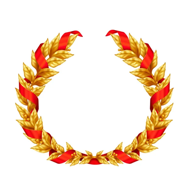 Corona de Laurel de Oro con Cinta Roja — Vector de stock