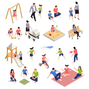 Family Playing Isometric Icons Set clipart