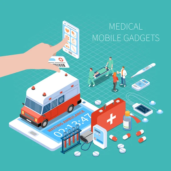 Gadgets móviles médicos Composición isométrica — Vector de stock