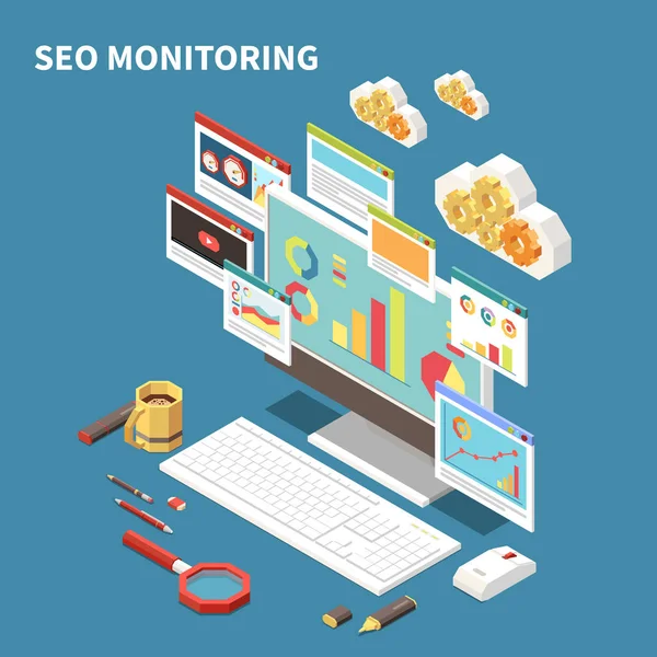 Blue Web SEO Composição Isométrica — Vetor de Stock