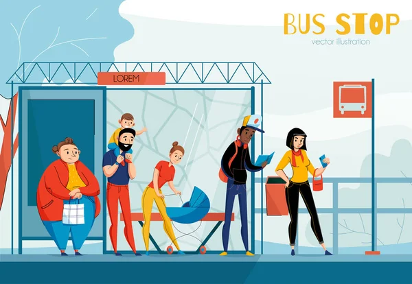 Queue People Bus Station Composition — Stock Vector