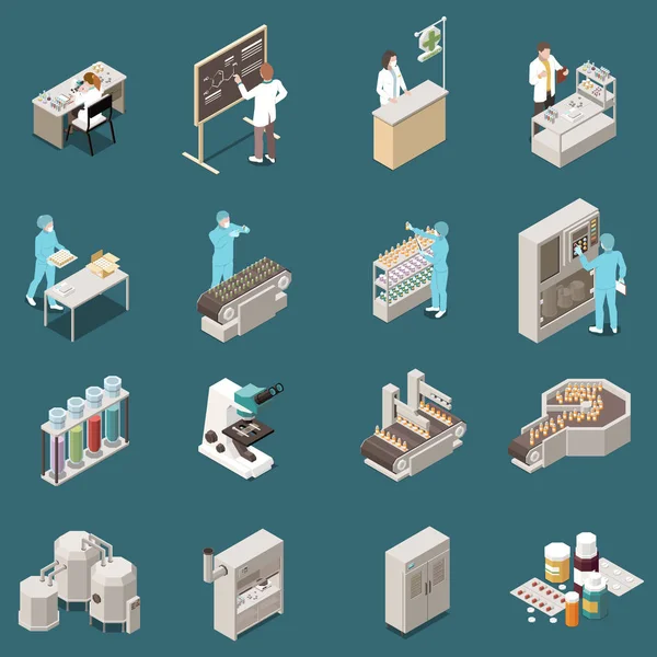 Farmaceutische productie isometrische Icon Set — Stockvector