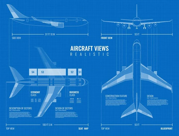 Umriss Flugzeug Ansichten Blaupause — Stockvektor