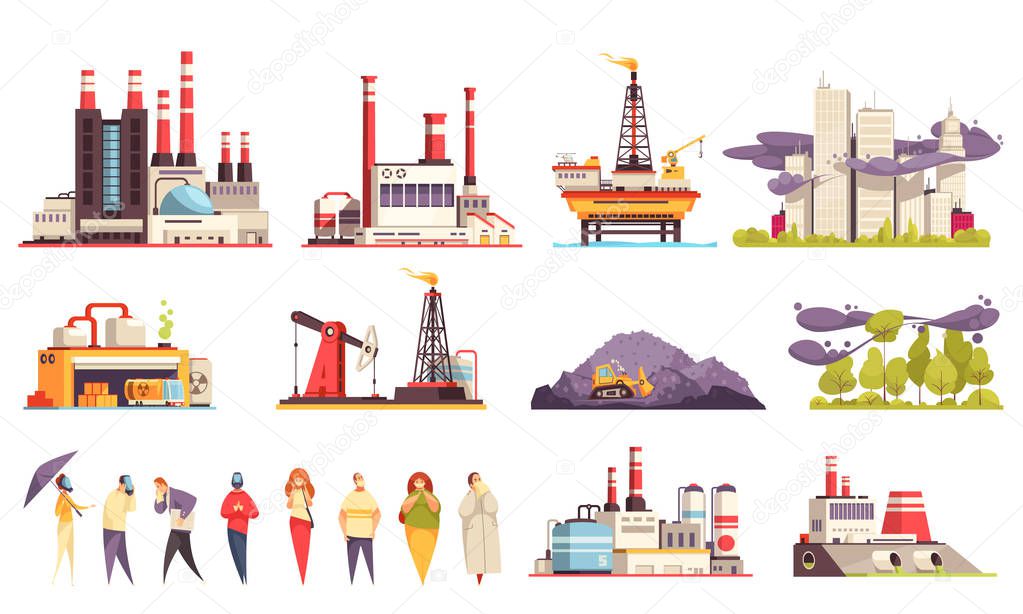 Industrial Buildings Cartoon Set