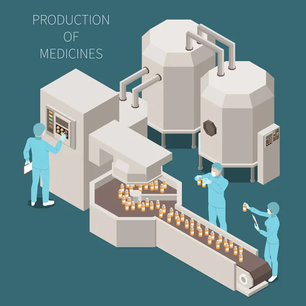 Producción farmacéutica Composición coloreada isométrica — Archivo Imágenes Vectoriales