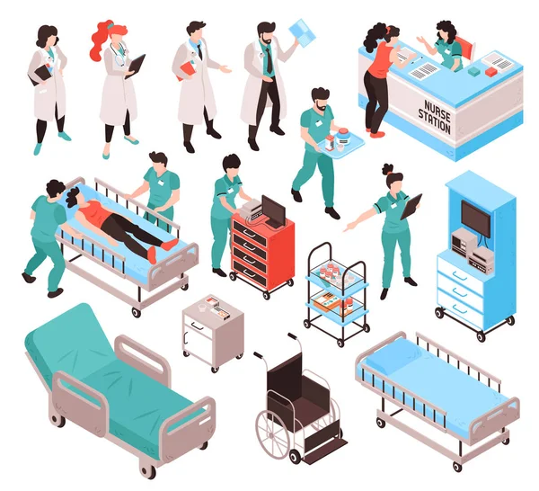 Conjunto de trabajadores del hospital isométrico — Vector de stock