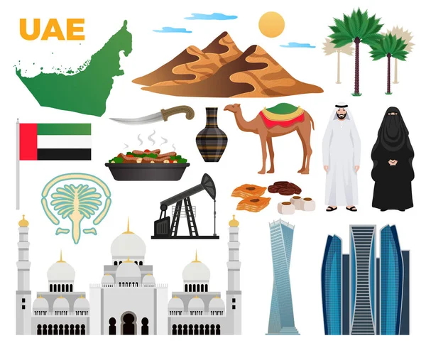 Emiratos Árabes Unidos iconos de viaje conjunto — Vector de stock