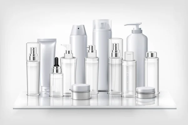 Botellas de cosméticos en el estante — Vector de stock