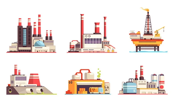 Conjunto plano de edifícios industriais —  Vetores de Stock