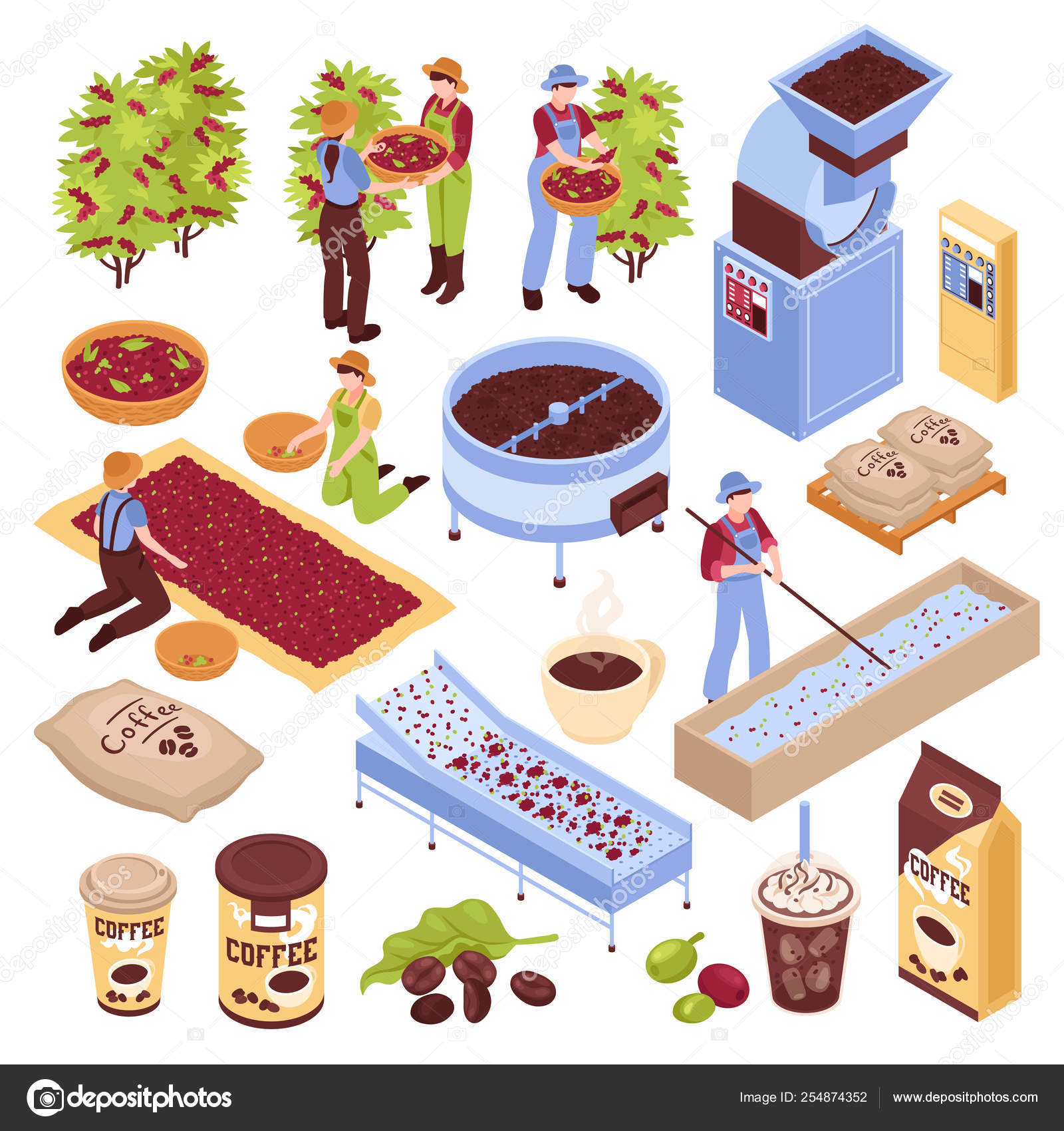 Conjunto de elementos de la producción de café — Vector de