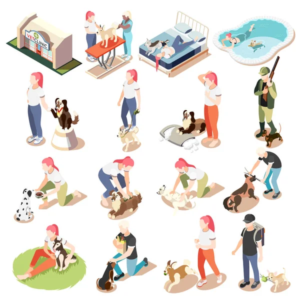 Gewone leven van de mens en zijn hond isometrische Icon Set — Stockvector