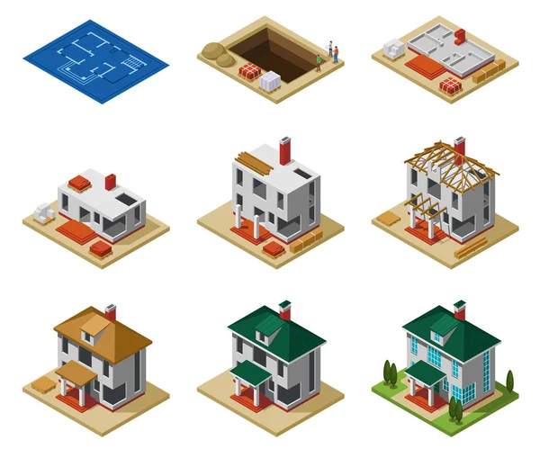 Conjunto isométrico de fases de construcción de casas — Vector de stock