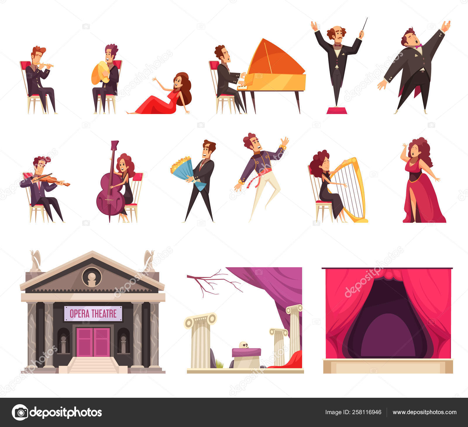 Símbolos coloridos do teatro. conjunto de ícones de vetor de balé