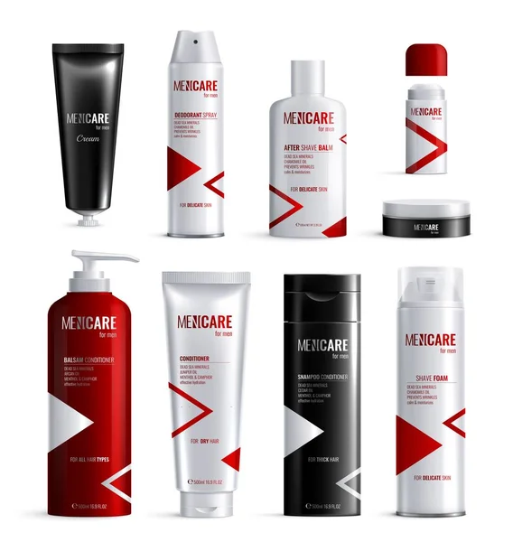 Conjunto de iconos realistas de diseño de botellas de cosméticos para hombre — Vector de stock