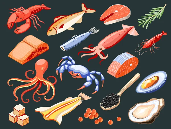 Iconos isométricos de pescado Superfood — Vector de stock