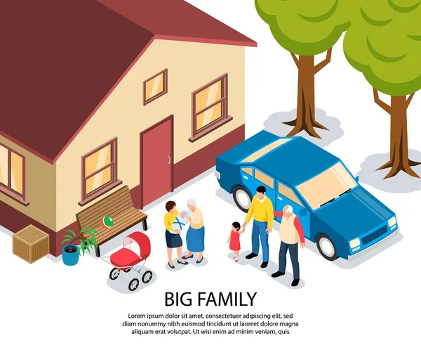 ครอบครัวใหญ่ ภาพประกอบไอโซเมตริก — ภาพเวกเตอร์สต็อก