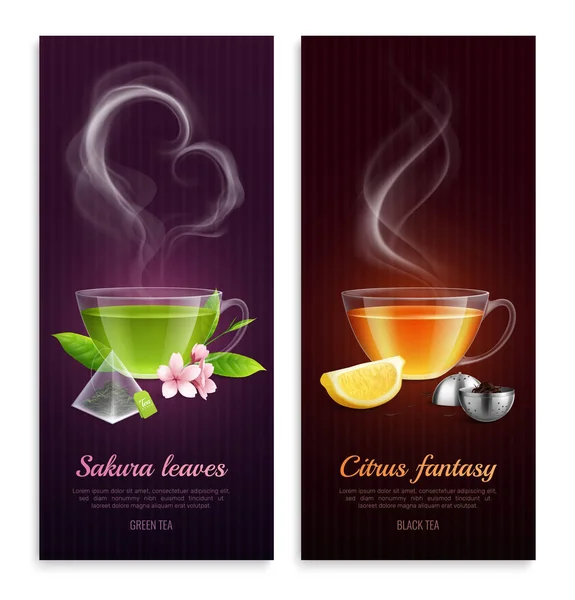 Banners de té verde y negro — Vector de stock