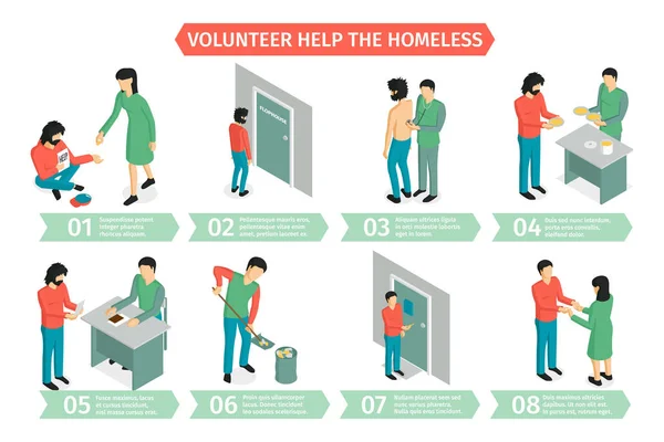 Infografías isométricas de voluntariado para personas sin hogar — Vector de stock