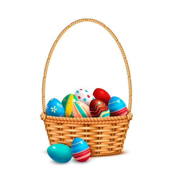 Huevos de mimbre cesta realista — Vector de stock