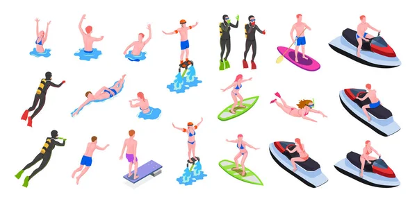Different water sports isometric icon set — Stock Vector