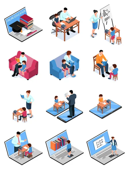Ensemble d'enseignement à domicile familial isométrique — Image vectorielle