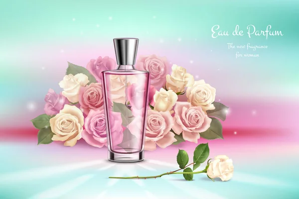 Flacon de parfum et bouquet de roses — Image vectorielle