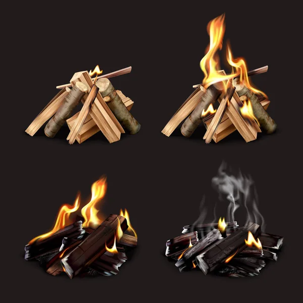 Campfire Fasi Realistico Set — Vettoriale Stock